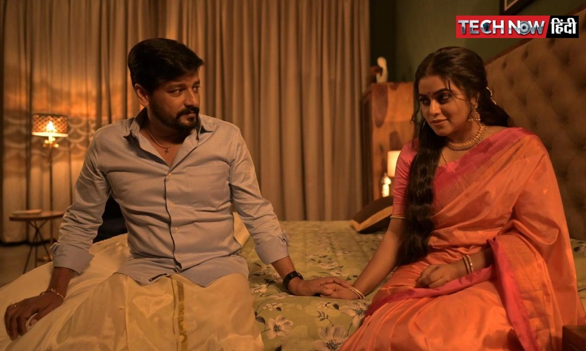 image of Tamil horror-thriller movie "Devil" showing main characters Hema, Alex, and Arun in a suspenseful scene.